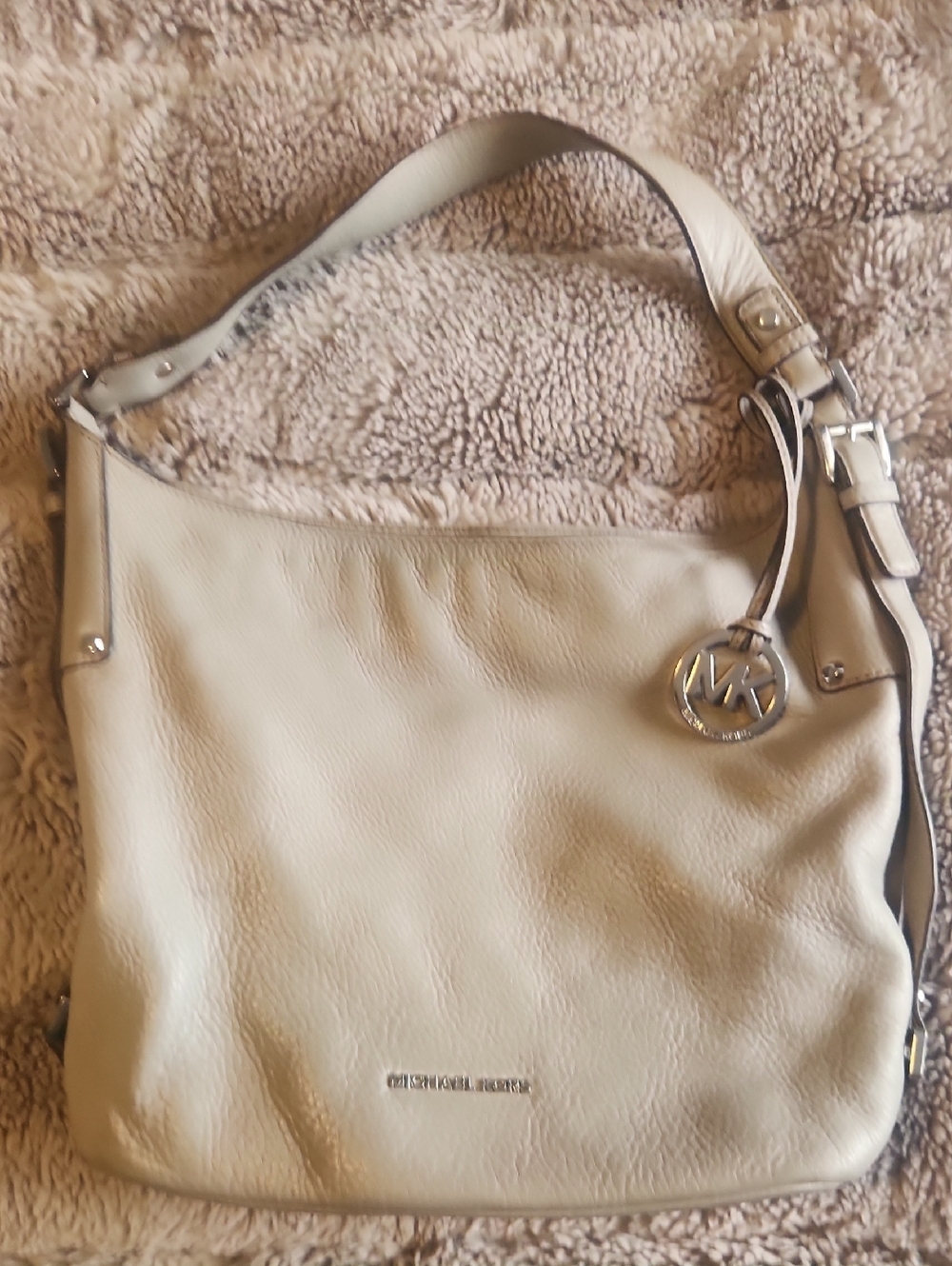 Michael Kors Light Beige Pebbled Leather Hobo Bag with MK Charm